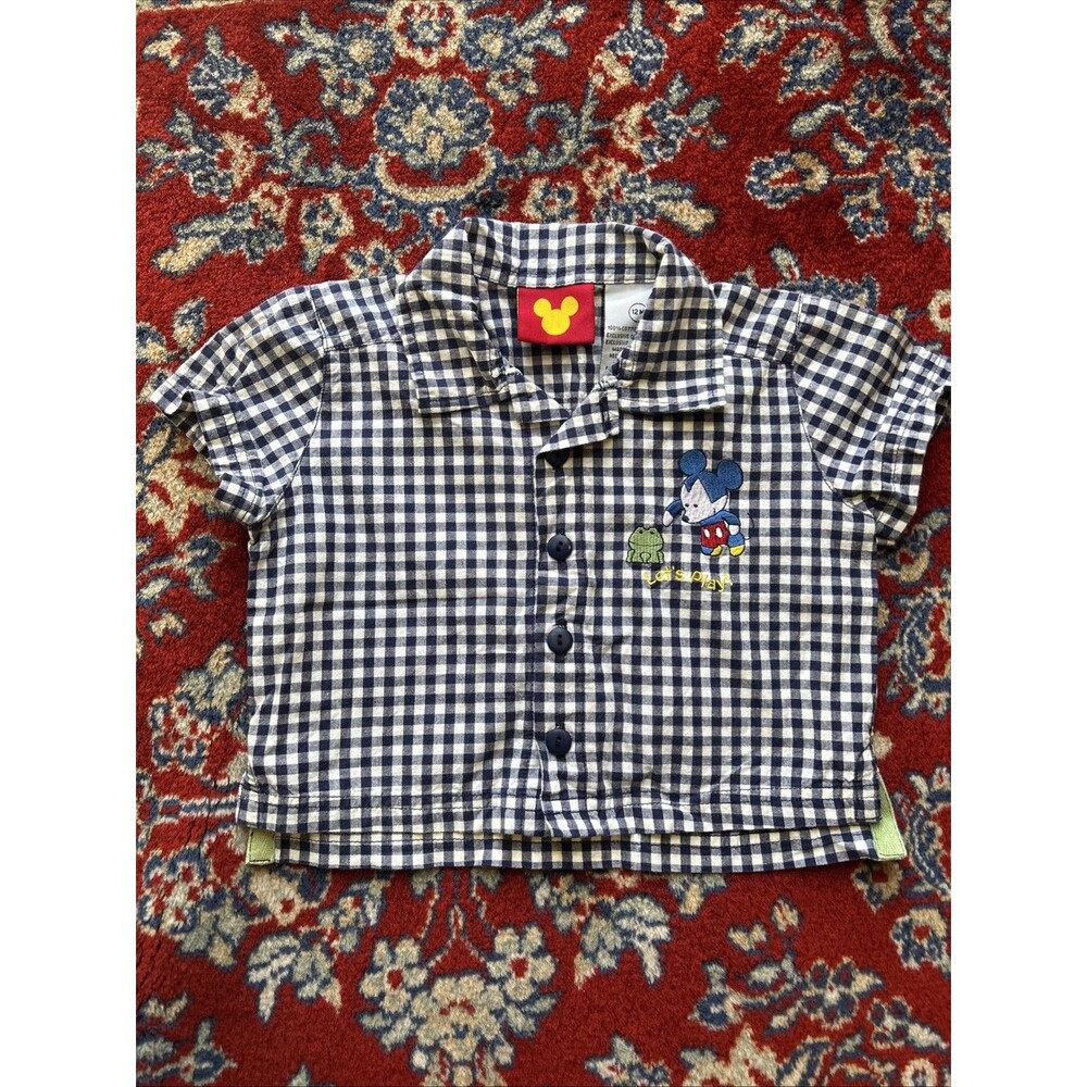 Disney Babies Mickey Mouse Frog Embroidered Boys Button Up Shirt Sz 12 Mo Y2K